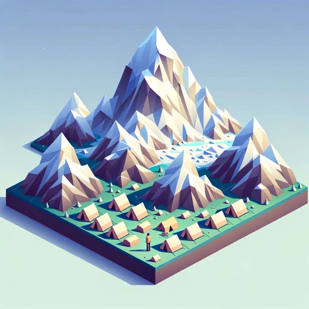 someone gazing at Mount Everest, low polygon isometric render